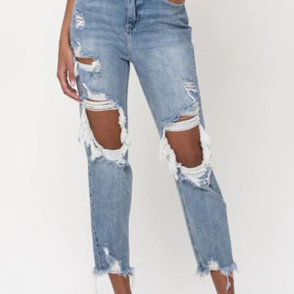 Cello Denim - Cello High Rise Distressed Mom Jeans Raw Hem Cut off Straight Size 16